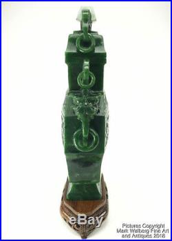 Large Chinese Spinach Jade Covered Vase with Silver Inlaid Wood Stand, 20th C