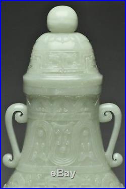 Large Chinese White Jade Archaistic Vase And Cover