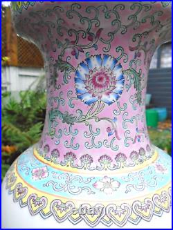 Large Chinese famille rose hand painted vase with writing to side