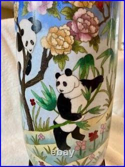 Large Cloisonne Vase with Playful Panda Bears 14 tall Excellent