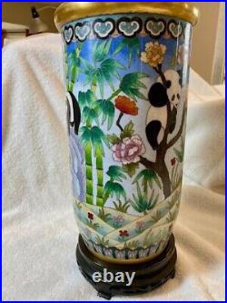 Large Cloisonne Vase with Playful Panda Bears 14 tall Excellent