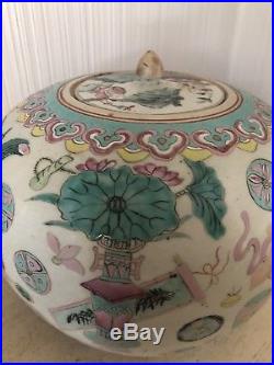 Large Early Antique Asian Chinese Painted Porcelain Pottery Ginger Jar Vase