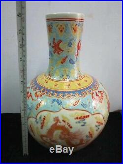 Large Exquisite Chinese Famille Rose Porcelain Dragons Vases Pot Marks QianLong