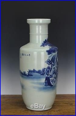 Large Finely Painted Chinese Blue And White Figures Rouleau Porcelain Vase