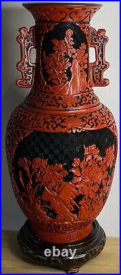 Large Hand Carved Cinnabar Handled 12 Vase Eastern Chinese Flower Red & Stand