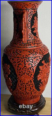 Large Hand Carved Cinnabar Handled 12 Vase Eastern Chinese Flower Red & Stand