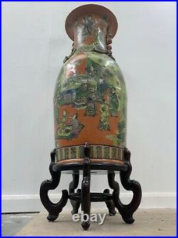 Large Hand Painted Chinese Asian Oriental Vase on Stand Signed 4ft