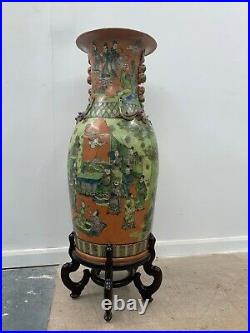 Large Hand Painted Chinese Asian Oriental Vase on Stand Signed 4ft