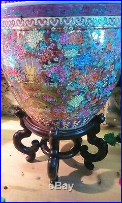 Large Hand Painted Chinese Jardiniere Planter Fish Bowl on Hardwood Stand