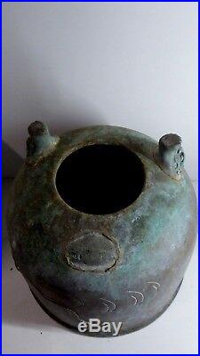 Large Impressive Antique Cast Brass Chinese Dragon Pot Vase Hand Made Footed Urn