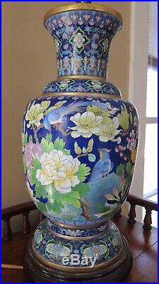 Large Impressive Vintage Blue Cloisonne Lamp Floral, Birds, Butterfly's Large I