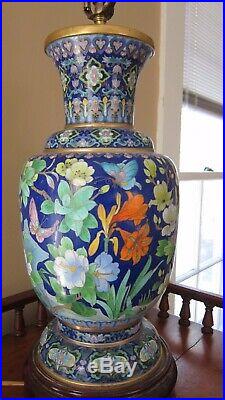 Large Impressive Vintage Blue Cloisonne Lamp Floral, Birds, Butterfly's Large I