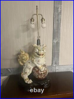 Large Japanese Foo Dog Fu Dog Shishi Lion Lamp Double Bulb Vintage Pottery 1960