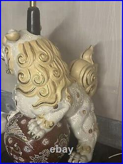Large Japanese Foo Dog Fu Dog Shishi Lion Lamp Double Bulb Vintage Pottery 1960