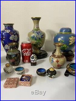Large Lot Of Chinese Cloisonne Vases, Salt And Pepper, Trinket Boxes Ashtray 24 Pc