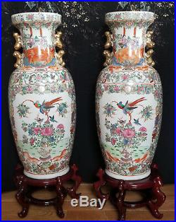 Large Mirror Pair Chinese Porcelian Famille Rose Medallion Vases 25H