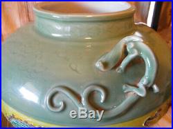 Large Old Chinese Fuhua Celadon Glaze Dragon Vase Planter Pot