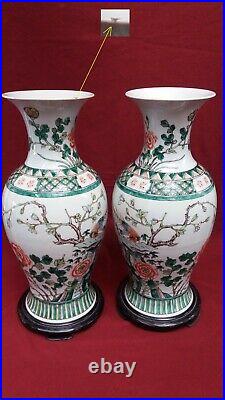 Large PAIR CHINESE Porcelain Famille Verte BALUSTER VASES with BIRDS & FLOWERS