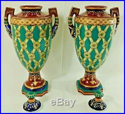 Large Pair Antique/Vtg 18 SIGNED Chinese Fleur De Lis Porcelain Urn Vases