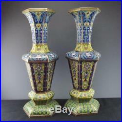 Large Pair Chinese Cloisonné Copper Vases Hex Shaped Flared Rim, 19th or 20th c