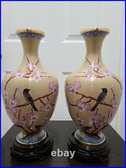 Large Pair Of Chinese Cloisonne Vases With Wooden Stands