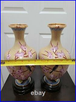 Large Pair Of Chinese Cloisonne Vases With Wooden Stands