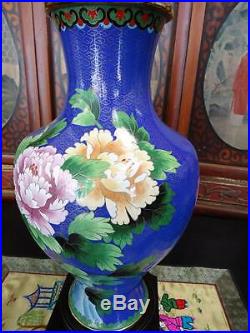 Large Pair o Chinese Cloisonne Bright Blue Vases 17H 1990s