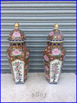 Large Pair of Antique Hand Painted Hexagonal Lidded Chinese Vases