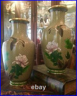 Large Pair of Chinese Enamel Brass 10H Vases Cloisonné Vintage