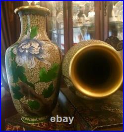 Large Pair of Chinese Enamel Brass 10H Vases Cloisonné Vintage