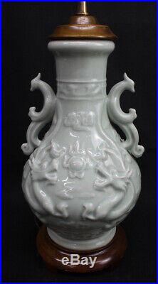 Large Porcelain Celadon Chinese Monochrome Green Vase Dragons 25 Table Lamp