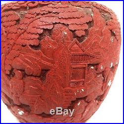 Large Qing Chinese Carved Cinnabar Red Lacquer Pagoda Pavillion Vase Ginger Jar