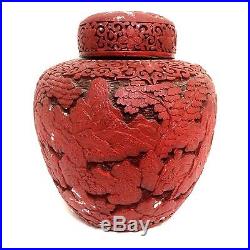 Large Qing Chinese Carved Cinnabar Red Lacquer Pagoda Pavillion Vase Ginger Jar