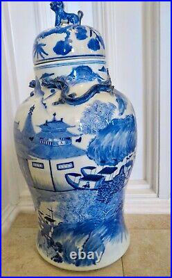 Large Size Antique CHINESE Blue and White Porcelain COVERED VASE 19.5 Tall