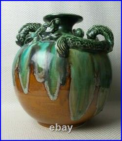 Large Vintage Asian Brown & Spectacular Green Glaze Pottery Dragon Vase