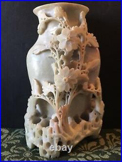 Large Vintage Chinese Carved SOAPSTONE Vase with high relief Floral Signed