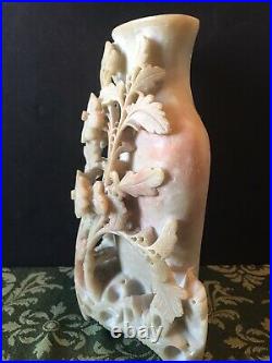 Large Vintage Chinese Carved SOAPSTONE Vase with high relief Floral Signed