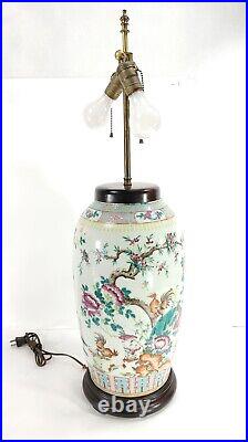 Large Vintage Chinese Chinoiserie Porcelain Hand Painted Vase Lamp with Chickens