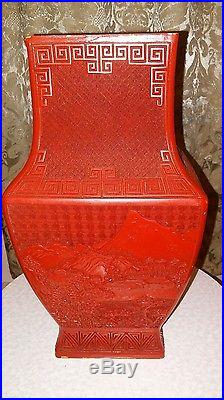 Large Vintage Chinese Floral & Landscape Red Vase Cinnabar Style