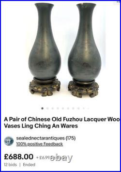 Large Vintage Chinese Old Fuzhou Lacquer Wood Vase Ling Ching An Wares