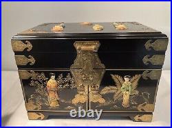Large Vintage Chinese Painted Stone Decorated Lacquered Jewlery Box Set Drawers