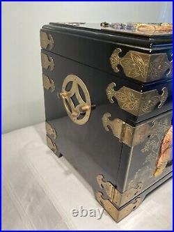 Large Vintage Chinese Painted Stone Decorated Lacquered Jewlery Box Set Drawers