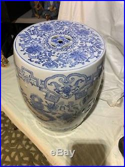 Large Vintage Chinese White And Blue Garden Seat or Stool