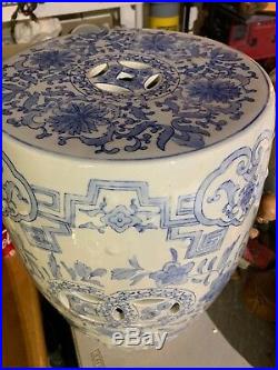 Large Vintage Chinese White And Blue Garden Seat or Stool