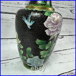 Large Vintage Cloisonné Floral Vase Bird & Roses Black Multi Gilt Enamel 10.5