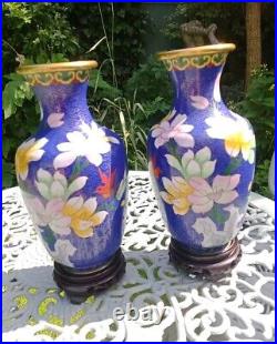 Large Vintage Pair Of Chinese Cloisonne Vases on Stands Overall 23cm High