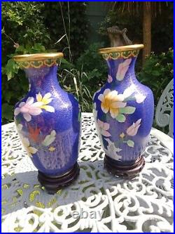 Large Vintage Pair Of Chinese Cloisonne Vases on Stands Overall 23cm High