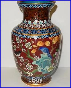 Large Vintage Red Cloisonne Enamel Birds, Butterfly Floral Vase