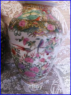 Large Vtg. CHINESE Porcelain Famille ROSE VASE BIRDS FLOWERS FIGURES WOW