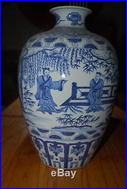 Large antique chinese blue & white porcelain kangxi marks VASE soldier warrior